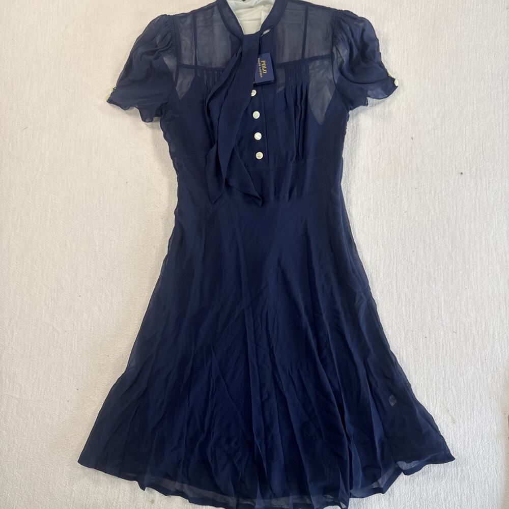 Polo Ralph Lauren Silk Dress Womens 6 Navy Dress With Overlay NWT MSRP$598 - Picture 1 of 16